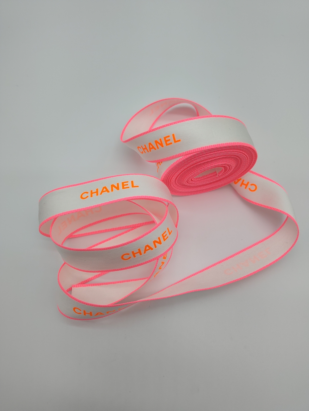 CHANEL Neon Pink Orange White Ribbon 2 Yards Luxury Gift Wrap Trim 3/4" - Picture 2 of 5